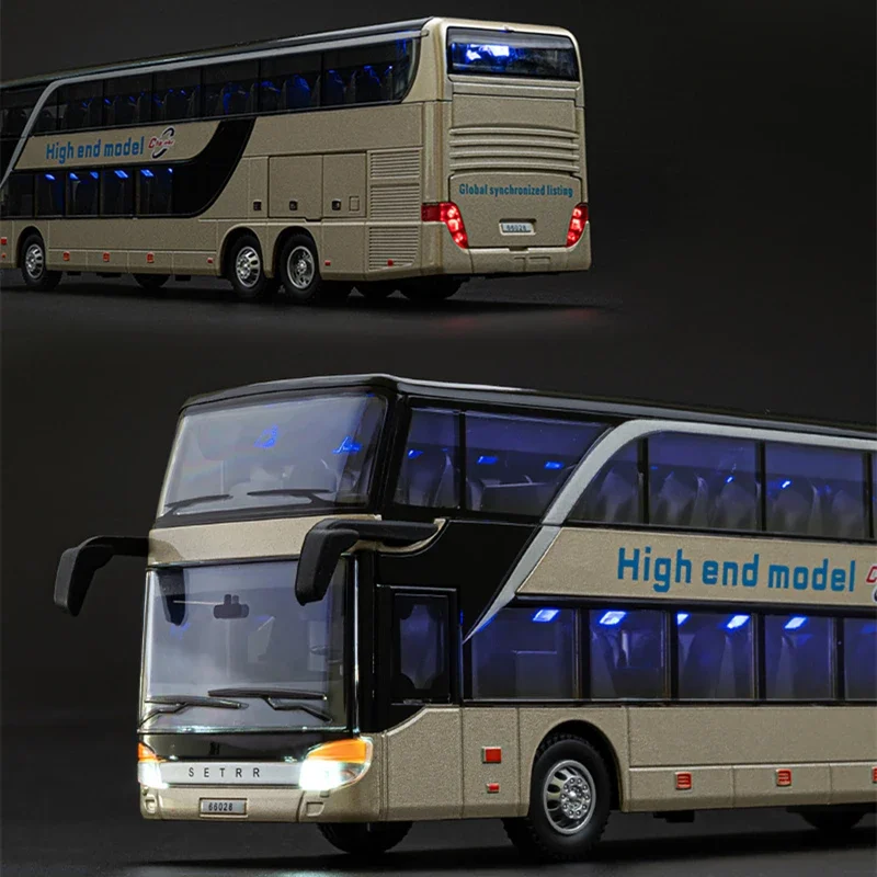 1:30 Simulation Double Decker Bus Model Alloy Toy Car Luxury Electric Airport Business Bus Sound Light City Tour Car Kids Gifts