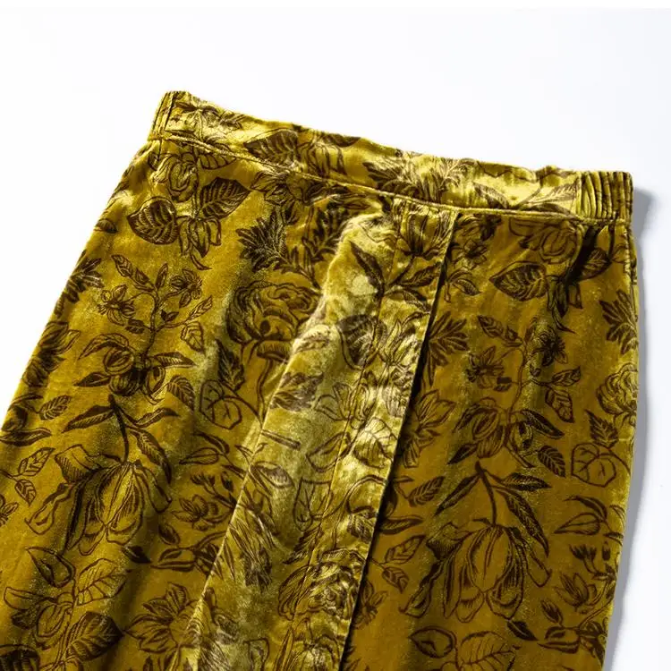 Golden Autumn Print 30% Natural Mulberry Silk Velvet Elastic Waist Women's Fashion Split Natural Waist Hip Bag Skirt