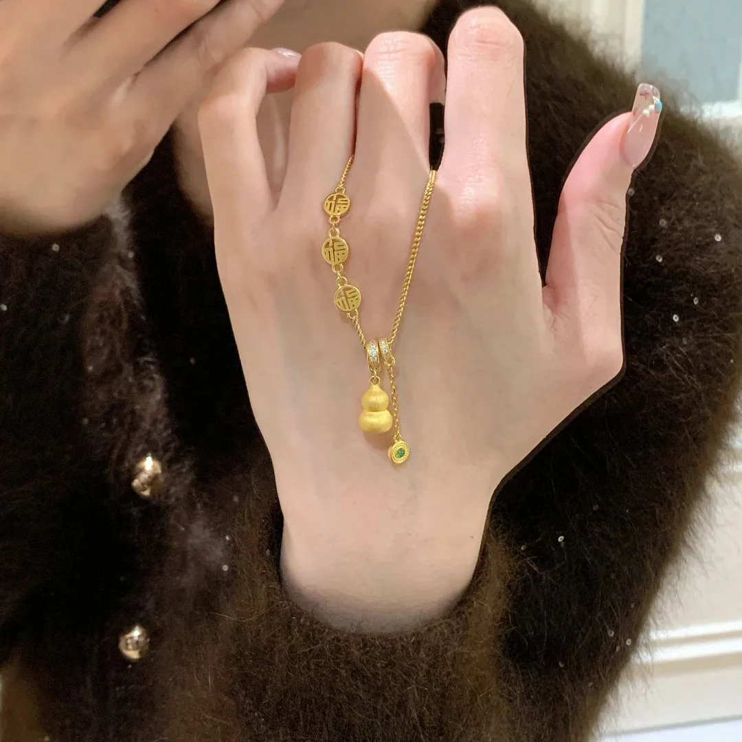 New Chinese Style 18k Gold Plated Brushed Gourd Necklace For Women Fu Symbol Pendant Green Round Cz Tassel Charm Sweater Chain