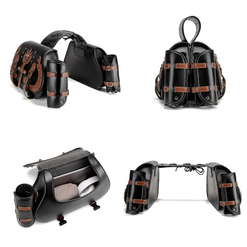 1Pair Retro PU Leather Motorcycle Throwover Saddlebags, Fit for Harley XL883 Honda Yamaha Suzuki, Side Gear Bags with Cup Holder