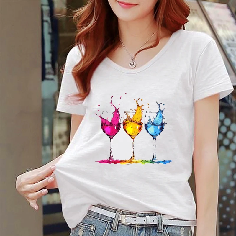 

Wine Glasses Print Crew Neck T-shirt Women's Clothing Casual Short Sleeve Top for Spring Aesthetic Clothes