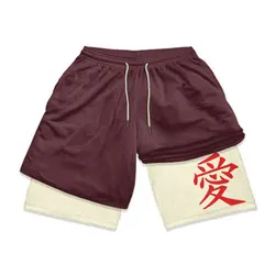 Pantalones cortos de gimnasio de Anime para hombre, 2 en 1, doble capa, transpirables, absorbentes del sudor, de secado rápido, para gimnasio, trotar al aire libre