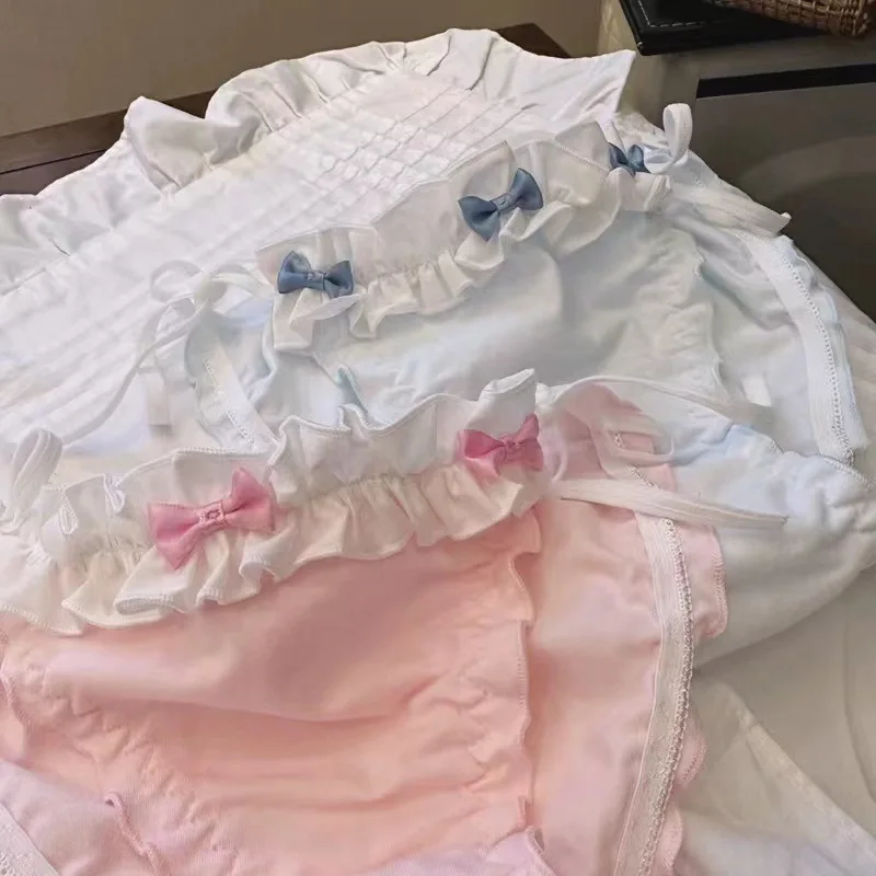 Three Bowknots Ruffled Triangle Panties with No -Take - off Feature in Anime - themed Maid Uniform Style and Bowknot Lacing 3pcs
