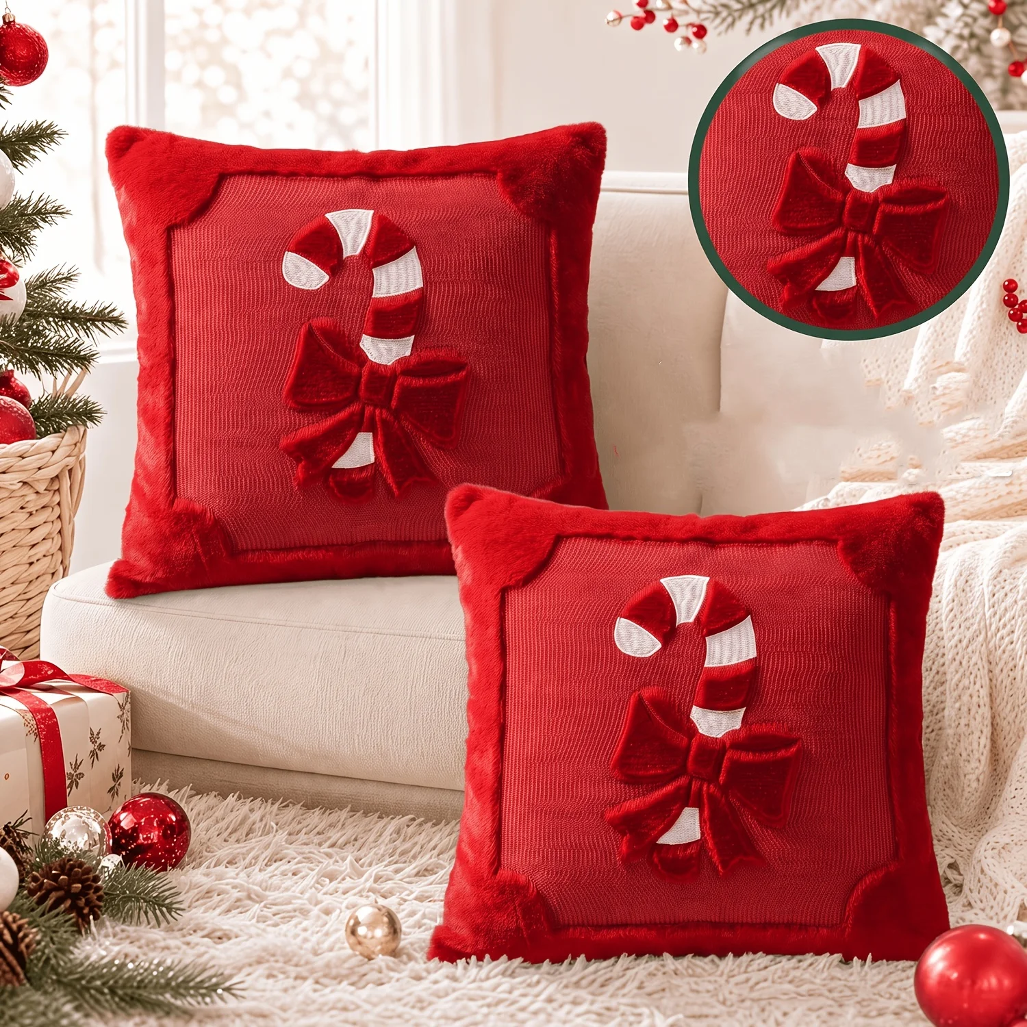2/1 Piece Christmas Candy Cane 2D Flat Pillowcase with Bow, Single-Sided Print, Pillowcase Only, Comfortable Winter Soft Plush Faux Fur Embroidered Red Striped Decorative Cushion Cover, 45.72X 45.72cm , Farmhouse Style Decorative Pillowcase, Suitable for Sofa Living Room, Christmas and New Year Gift, Does Not Include Filling