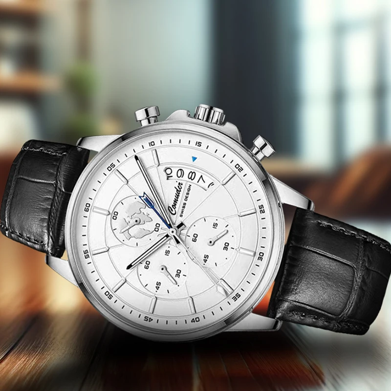 A Men's Casual Gentleman-Style Fashion Globe Three-Eye Stud Silver Dial Black PU Leather Quartz Watch