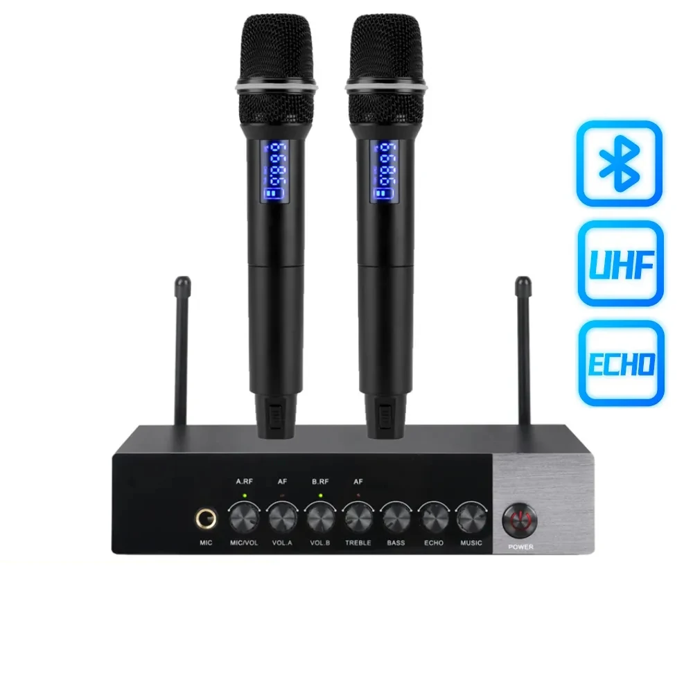 

Dual Channel UHF Wireless Microphone with Bluetooth Handheld Karaoke Microphone for Stage Performance Singing Professional MIC