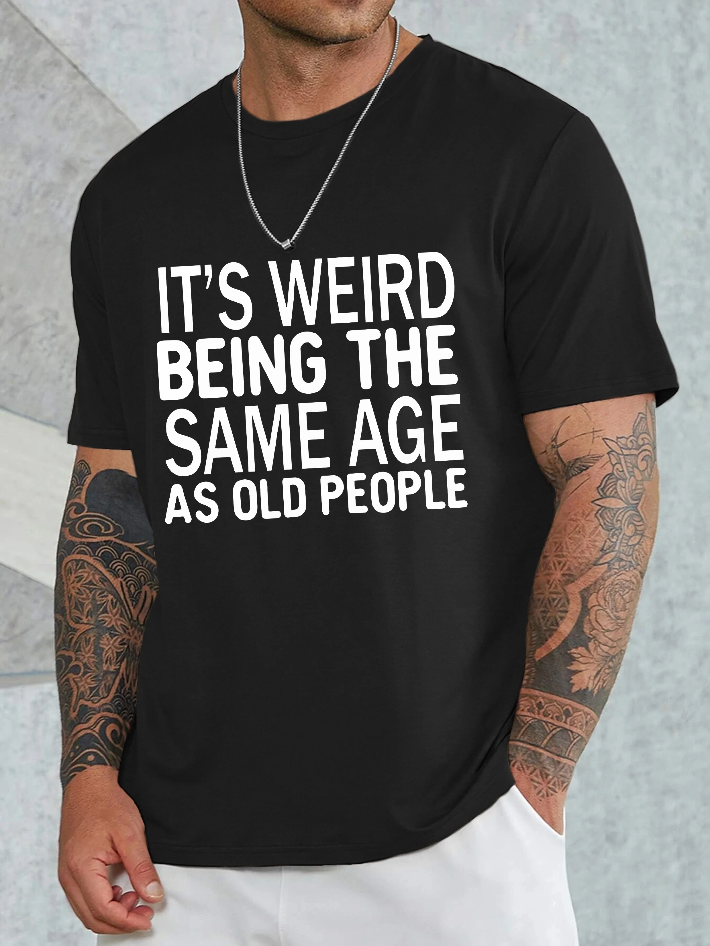 تي شيرت رجالي بنمط الشارع برقبة دائرية غير متماثل بنمط حروف، ألياف بوليستر، مرن قليلاً، قماش محبوك