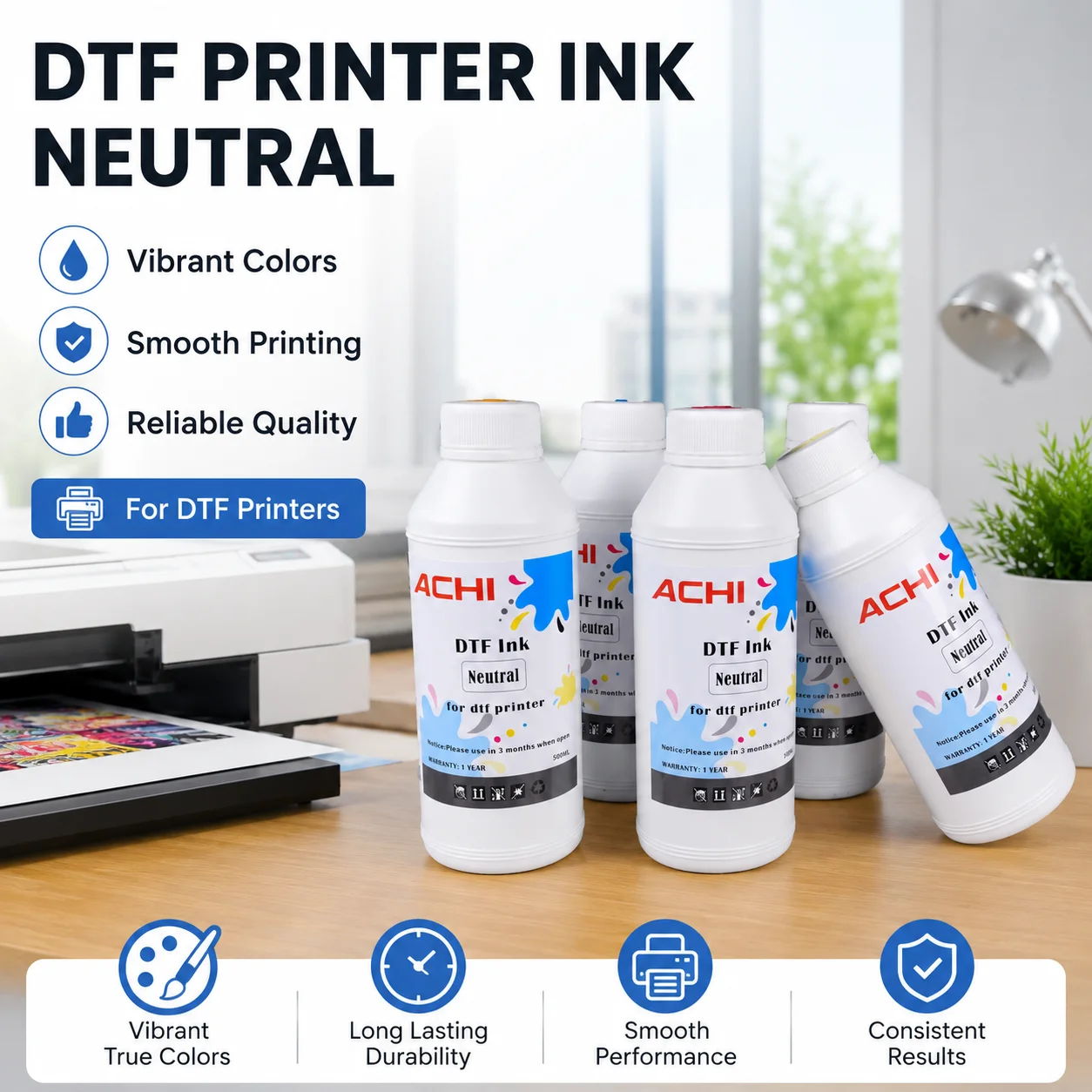 ACHI  DTF Ink 250ML/500ML BK/BLUE/RED/YLLOW/WHITE Premium Printing Ink for DTF  High Adhesion, Waterproof & Scratch Resistant