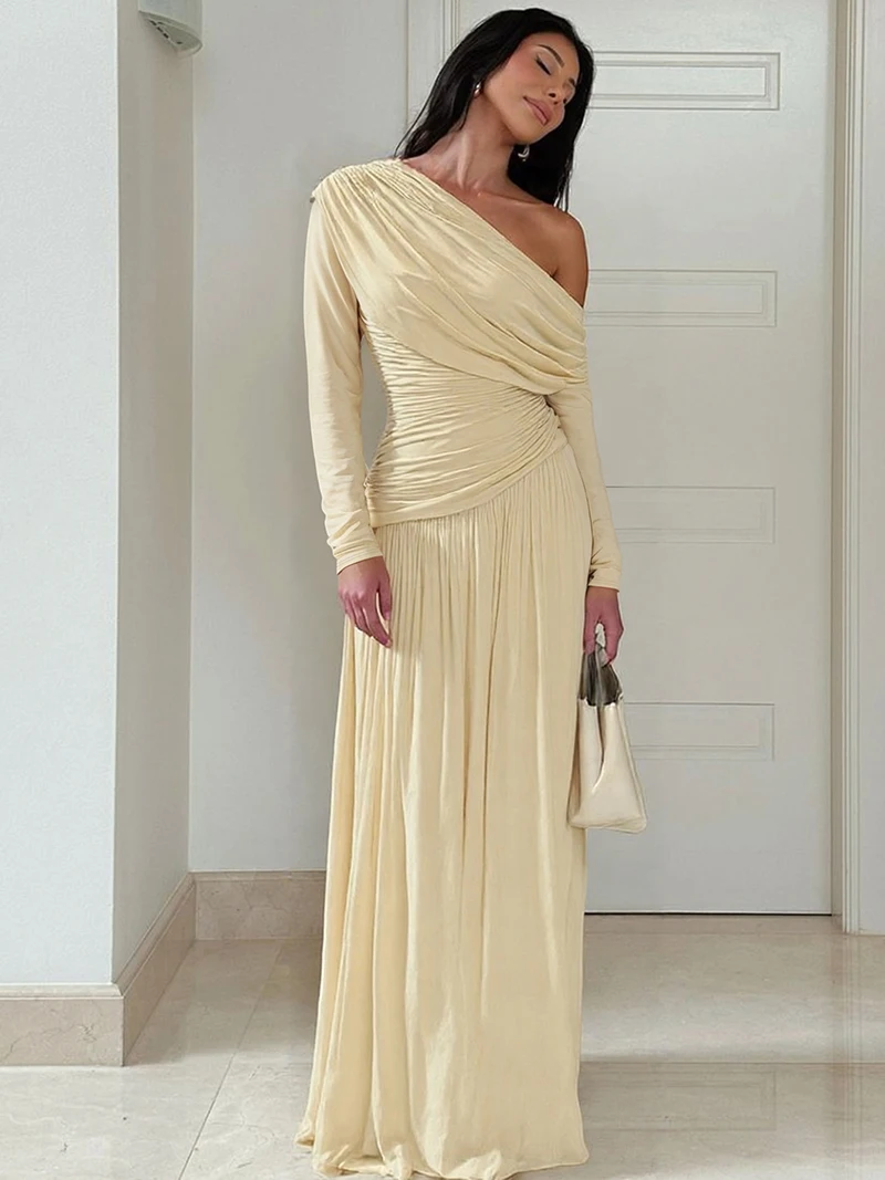 DGLUKE One-Shoulder-Langarm-Maxikleid für Damen, gerüscht, hohe Taille, plissiert, langes Kleid, elegante Party-Abschlussballkleider