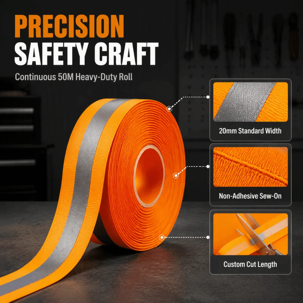 Fluorescent Orange Reflective Ribbon Sew On Style Polyester Fabric Reflective Webbing Tape 20mm Width 50m Roll Length