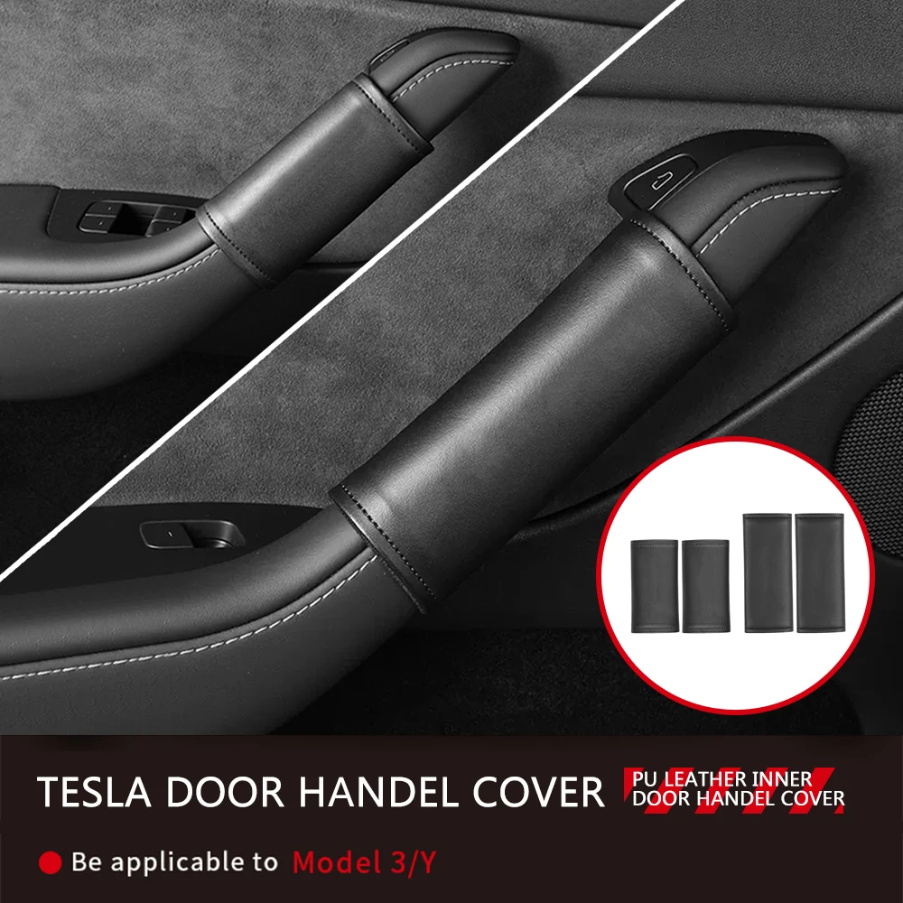 4PCS Car Door Inner Handle Protector Cover For Tesla Model 3/Y PU Leather Protective Case Car Styling Interior Auto Accessories