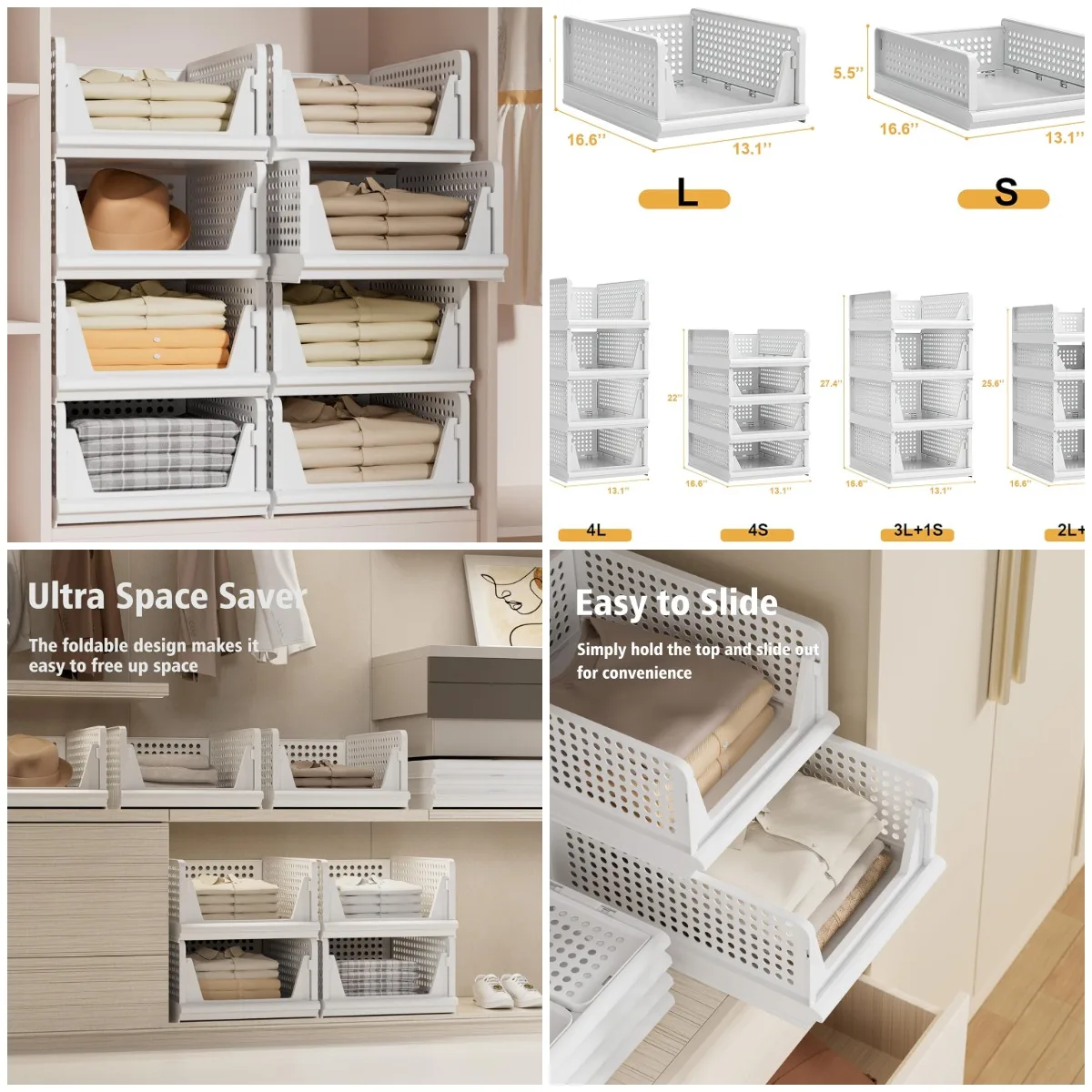 

Складная пластиковая корзина для хранения — штабелируемый органайзер для шкафа, кухни, ванной комнаты, офиса и прачечной