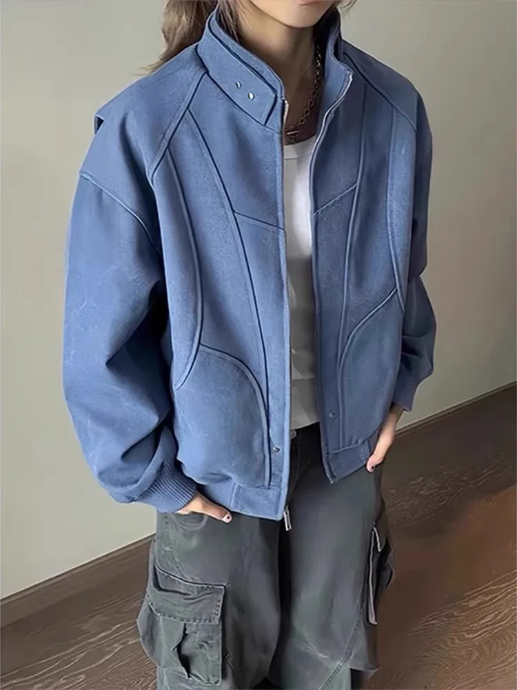 

Washed Canvas Iceberg Blue Men's Jacket Spring American Retro High Sensation Cool Collar Workwear Outerwear Polyester Fiber