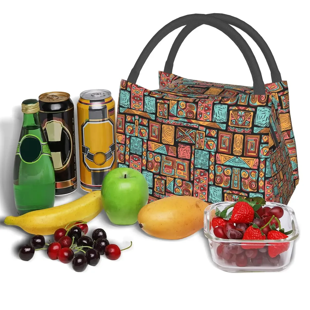 Vintage Ethnic Lunch Bag Patchwork Print Picnic Lunch Box For Men Funny Print Thermal Tote Handbags Waterproof Cooler Bag