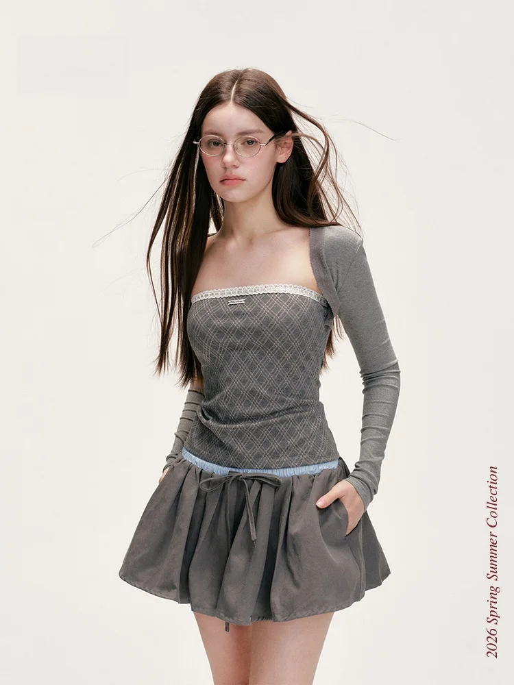 

Balletcore Sle Long Sve Knitted Sweater with Lace Trim Color Blo Plaid Crop Top Two-Piece Set for Young Girls