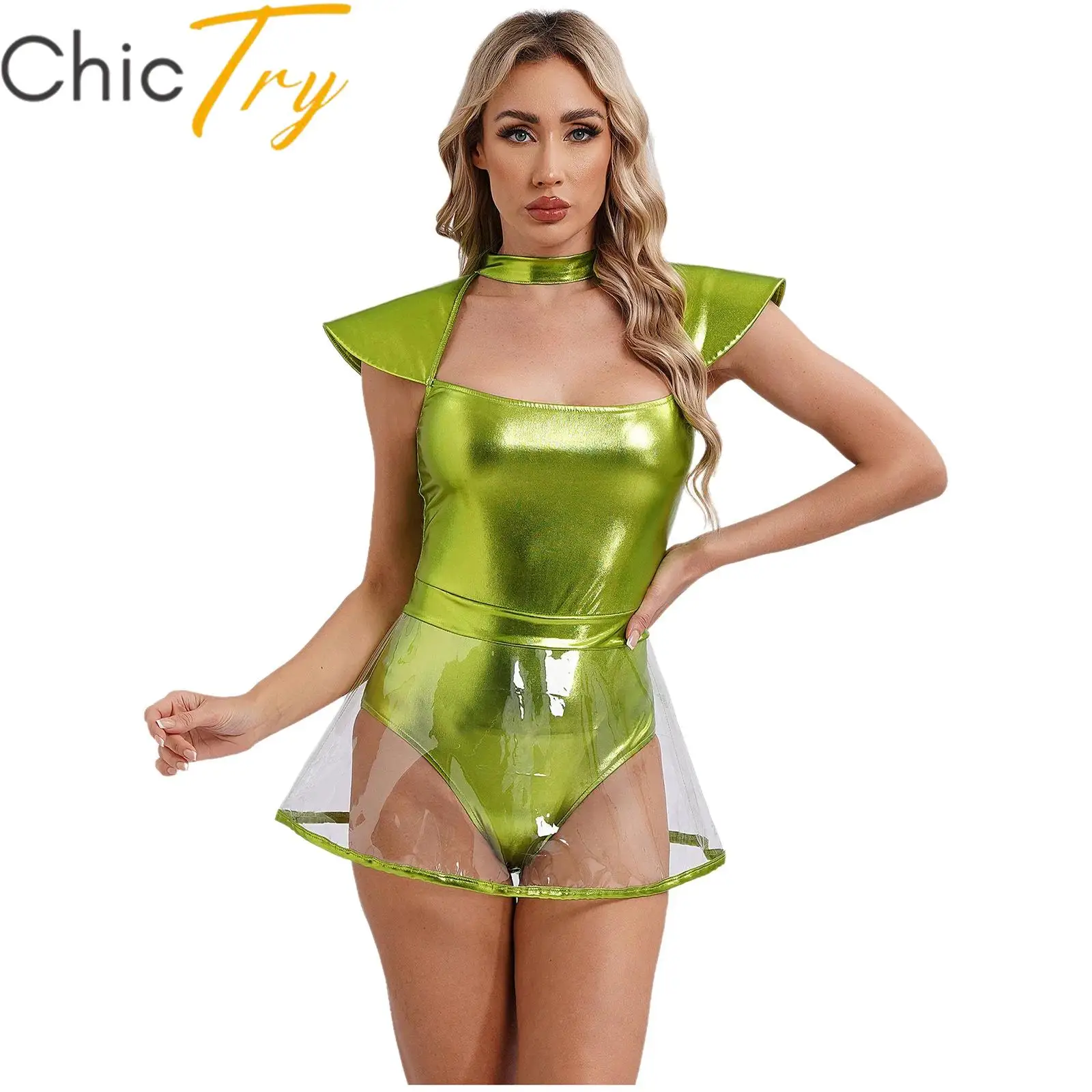 Womens Girl Space Alien Costume Halloween Cosplay Dress Fly Sleeve Cutout Leotard with PVC Skirt Roleplay Themed Party Bodysuit