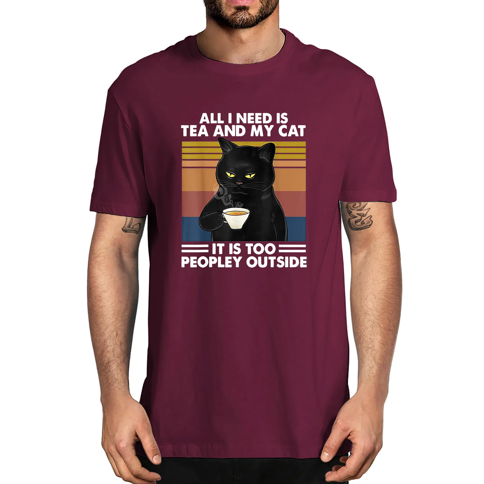 Funny Black Cat All I Need Is Tea And My Cat It Is Too Peopley Outside Cat Men's 100% Cotton Novelty T-Shirt Unisex Summer Humor