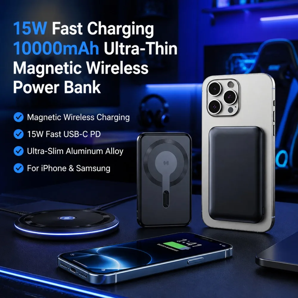 10000mAh Ultra-Thin Magnetic Wireless Power Bank, 15W USB-C PD Fast Charger for iPhone 16/15/Samsung, Aluminum Alloy
