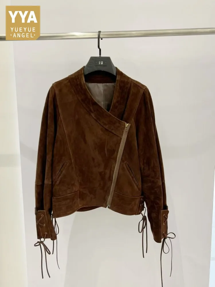 

High Quality Work Lady Sheepskin Suede Jacket Irregular Zipper V-Neck Motorcycle Jackets Women Genuine Leather Strap Short Coat