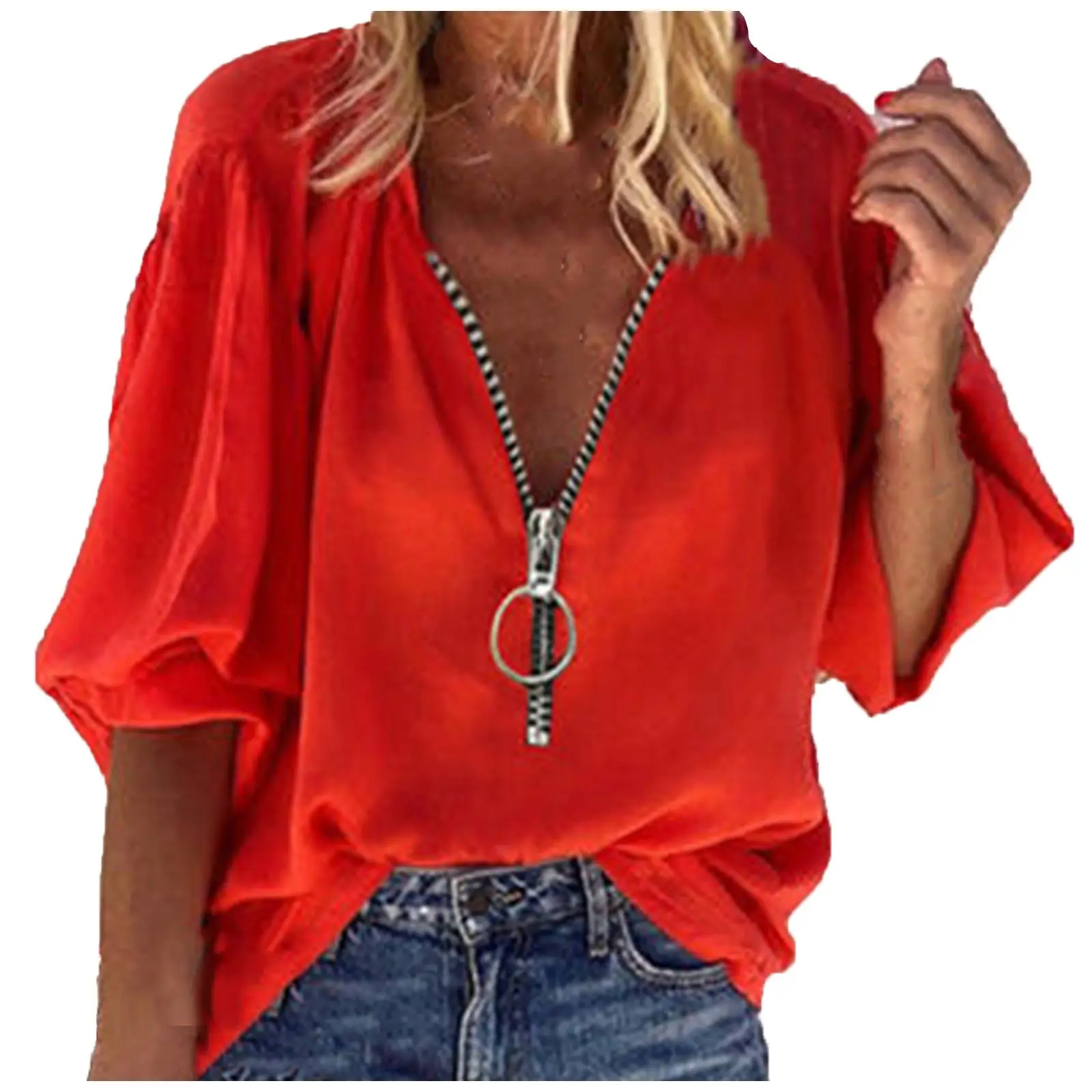 2024 New Arrival Popular Hot Sale Solid Color Long Sleeve V-Neck Zipper Women's Shirt Ladies Clothes Fashion Daily Wear Shirts