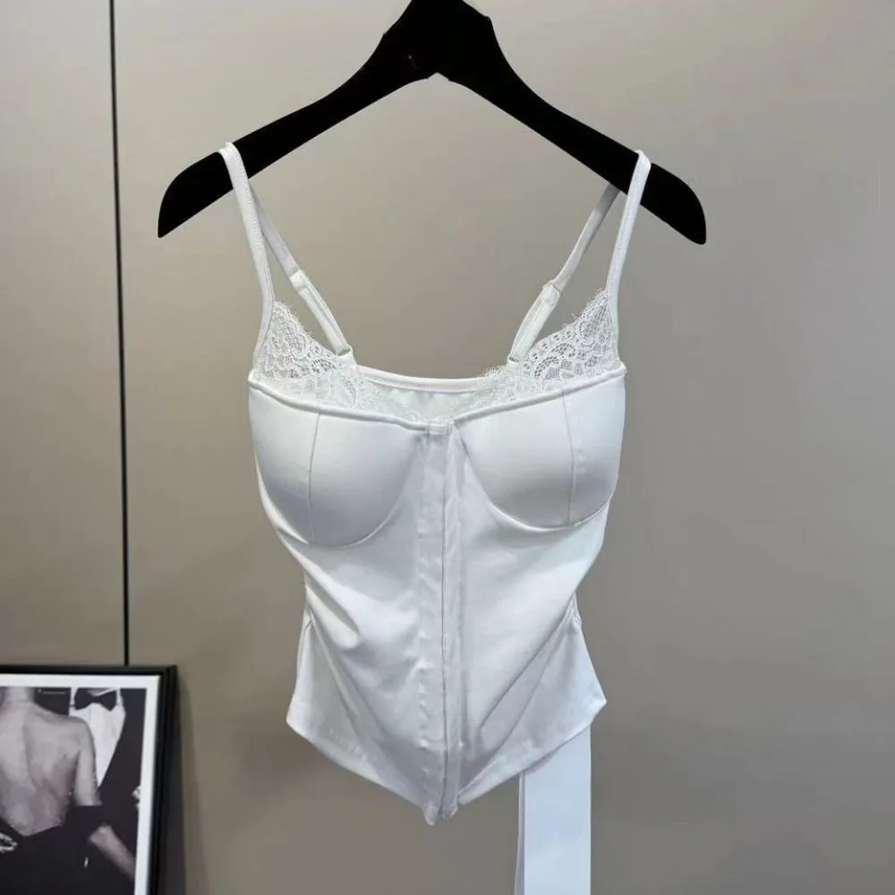 Fashion Sleeveless Y2k Slim Crop Top Buckle Cartoon Women's Lace Vest Top Undershirt Sweet Camisole with Pads Lady