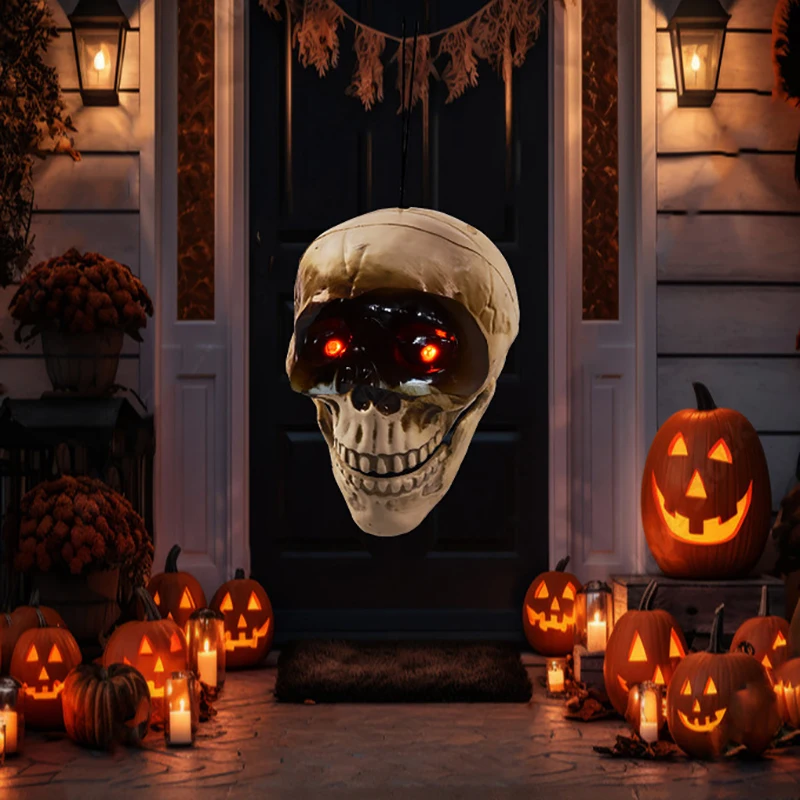 Halloween Electric Life Size Human Skull Sculpture With Led Light Up Glowing Eyes Horror House Party Ornament Gift Sound Toy