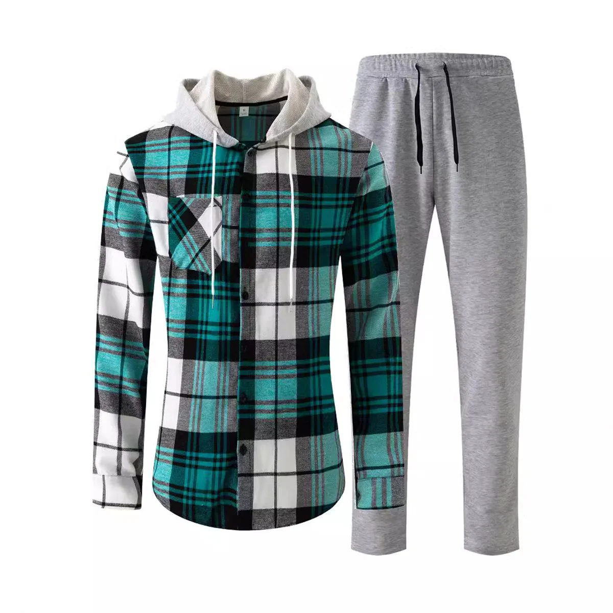 Autumn Men's Shirt Plaid Hooded Design Long Sleeve Trousers Sports Style Casual Fashion High Quality Slim Fit Men's Suit