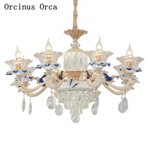 European blue painted ceramic chandelier villa living room dining room bedroom French luxury new creative Crystal Chandelier