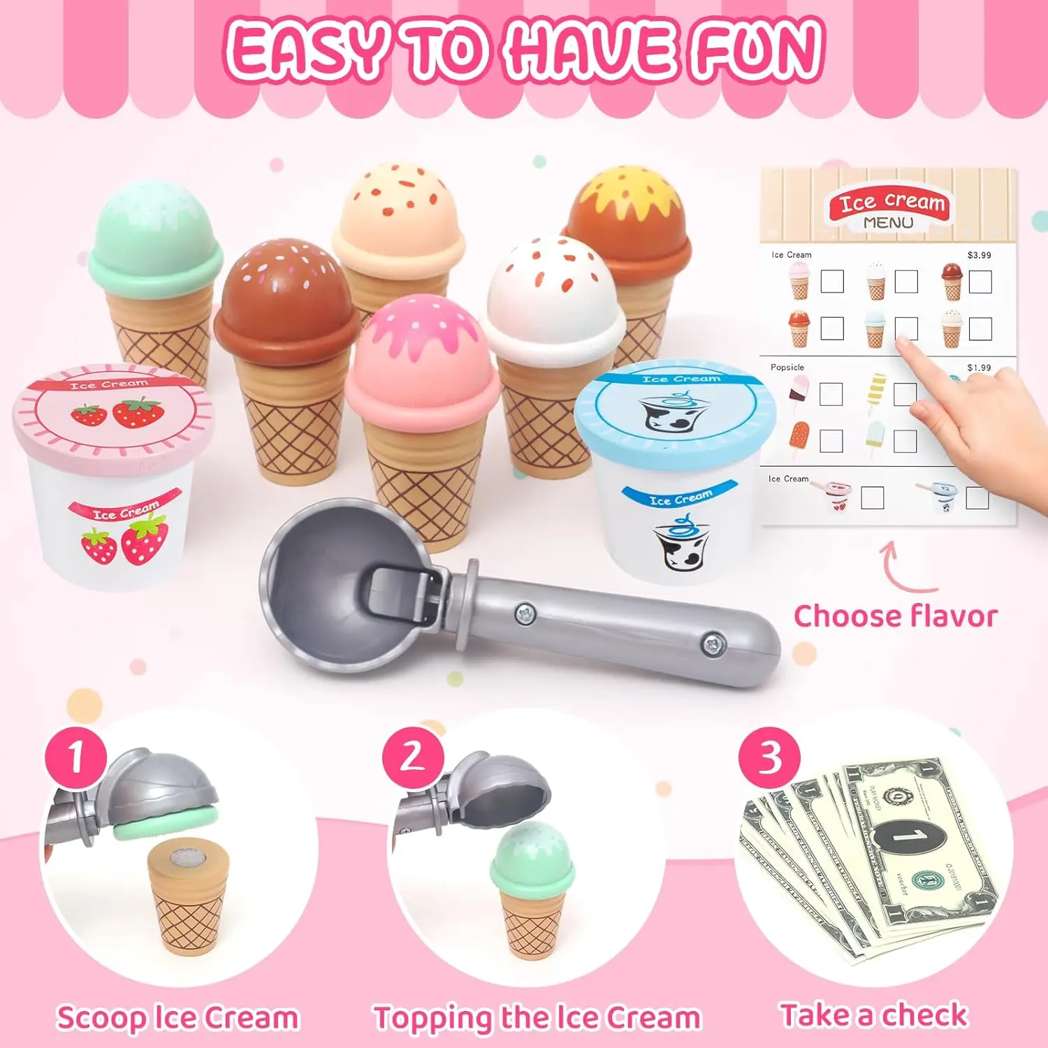 Wooden Ice Cream Toys for Toddler, Play Store Pretend Food Kitchen Accessories with Scoop & Menu & Toy Cash,Christmas Gift