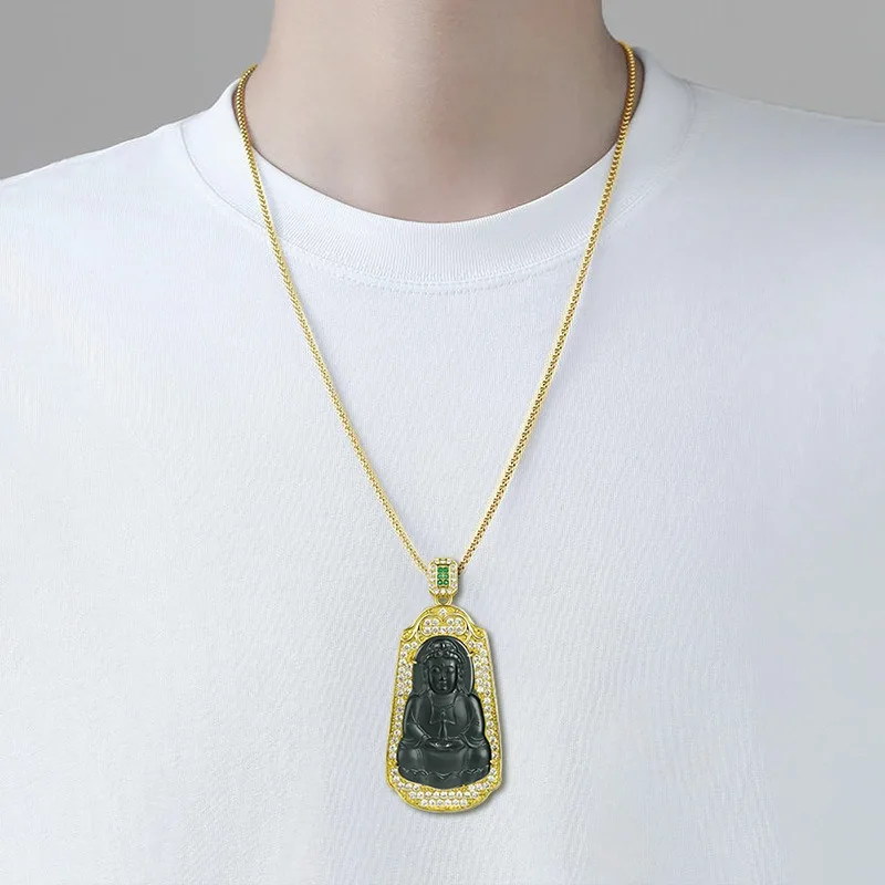 Genuine Natural Hetian Cyan Jade Guanyin Pendant 925 Silver Necklace Carved Fashion Charm Jewelry Amulet Gifts for Men Luxury