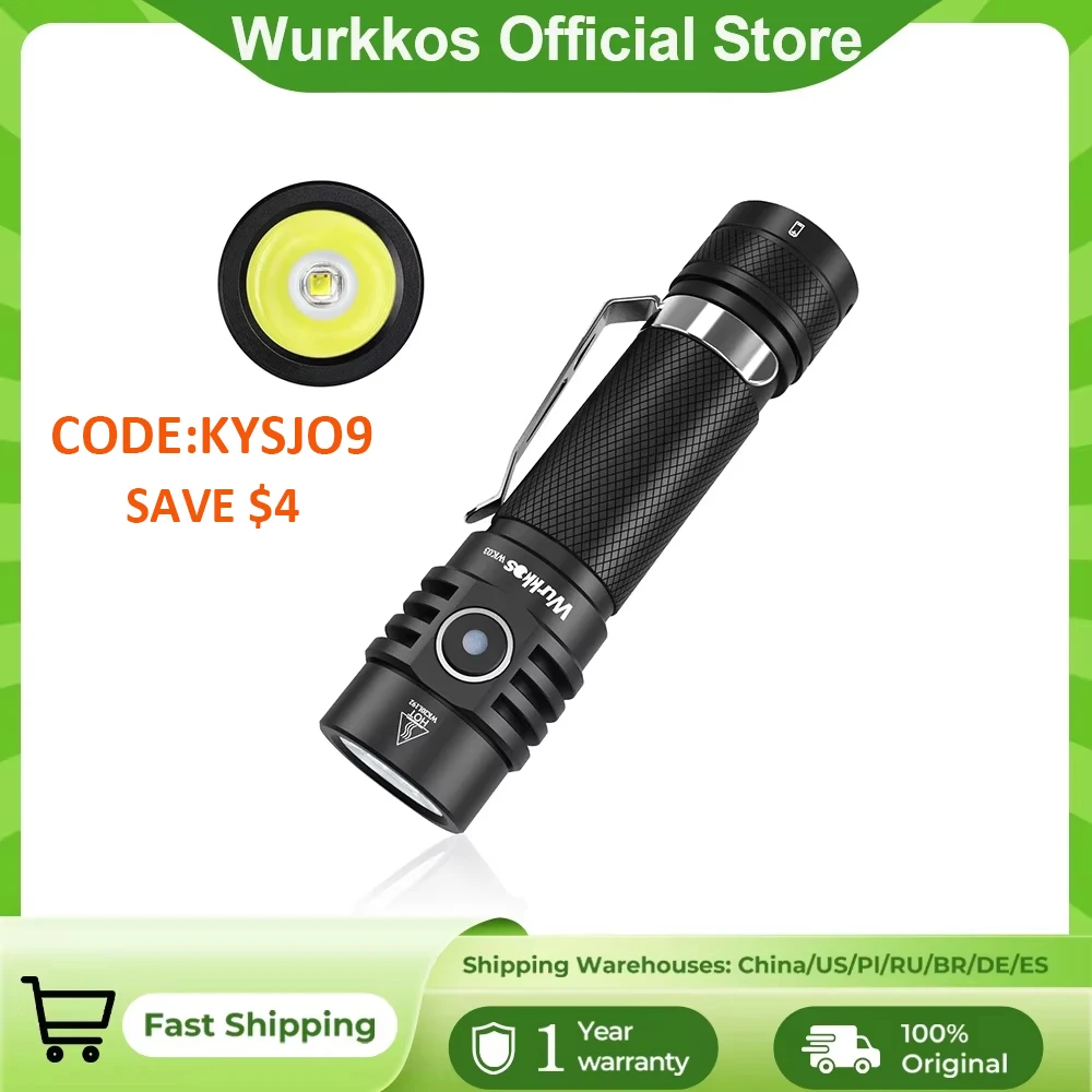 Wurkkos WK03 LED Flashlight 18650 Torch 1800LM ATR Luminus SST40 Rechargeable USB C Light IP68 Waterproof for Hiking Camping