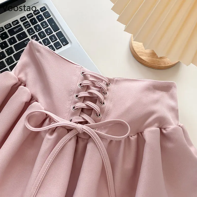 Sweet Lolita Skirt Set Women Elegant France Bow Square Collar Puff Sleeve Blouse Crop Tops Pink Ruffles Mini Skirt Female Suit