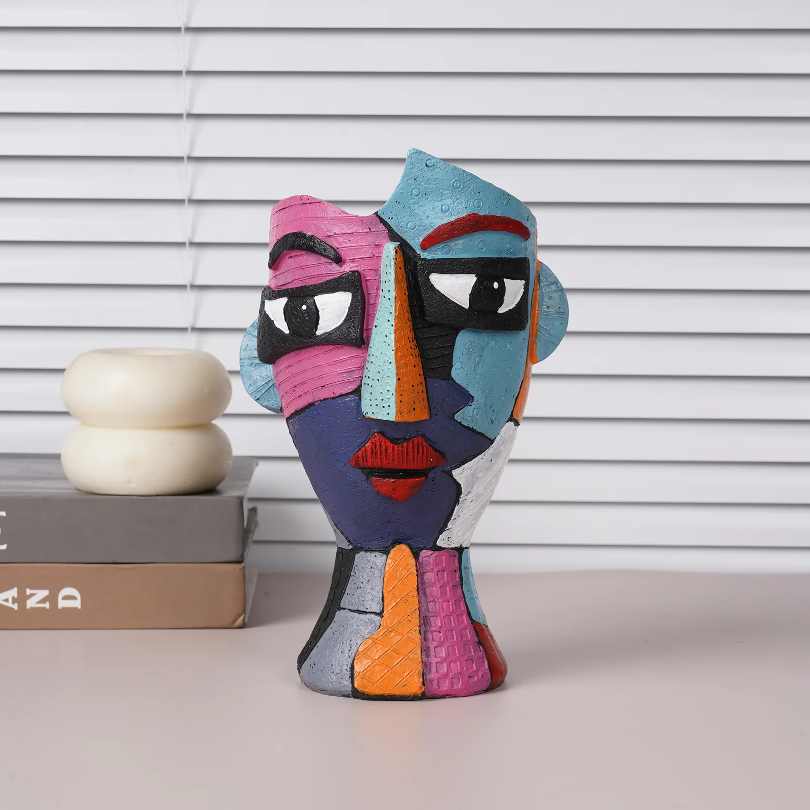Picasso Cubist Abstract Face Vase, Hand Painted Color Block Split Human Bust Resin Flower Vase, Modern Abstract Art Sculpture Ta