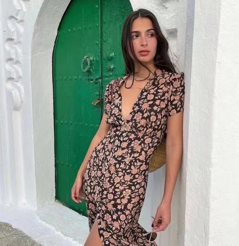 2026 Deep V Neck Slim Silk Long Midi Dress Maple Leaf Print Vintage Decor Sexy Buckle Design New Fashionable Women's Dress