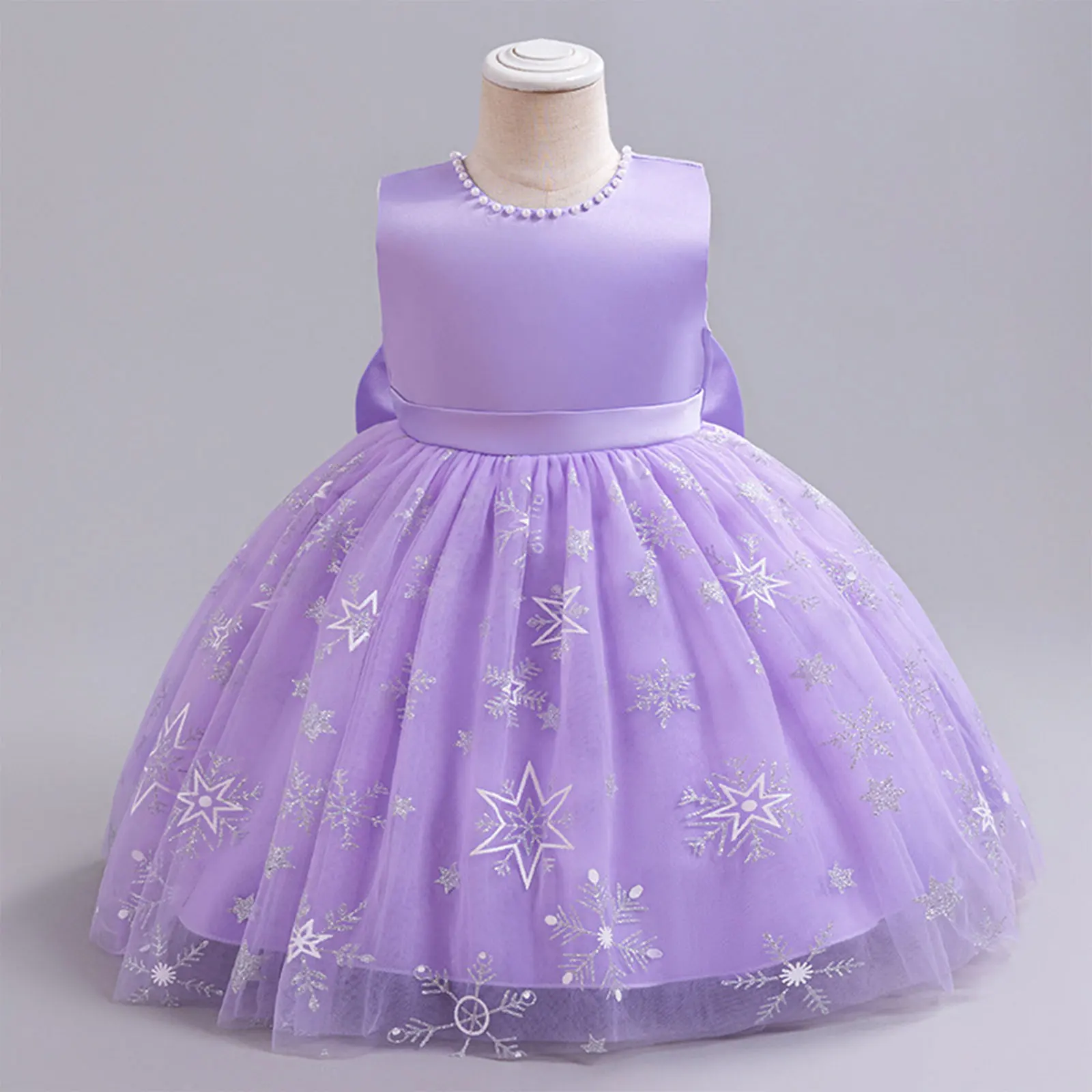 Vestido de princesa sem mangas com bowknot e pérolas para meninas, vestidos de tule para concurso formal, casamento e aniversário, florista, crianças e bebês