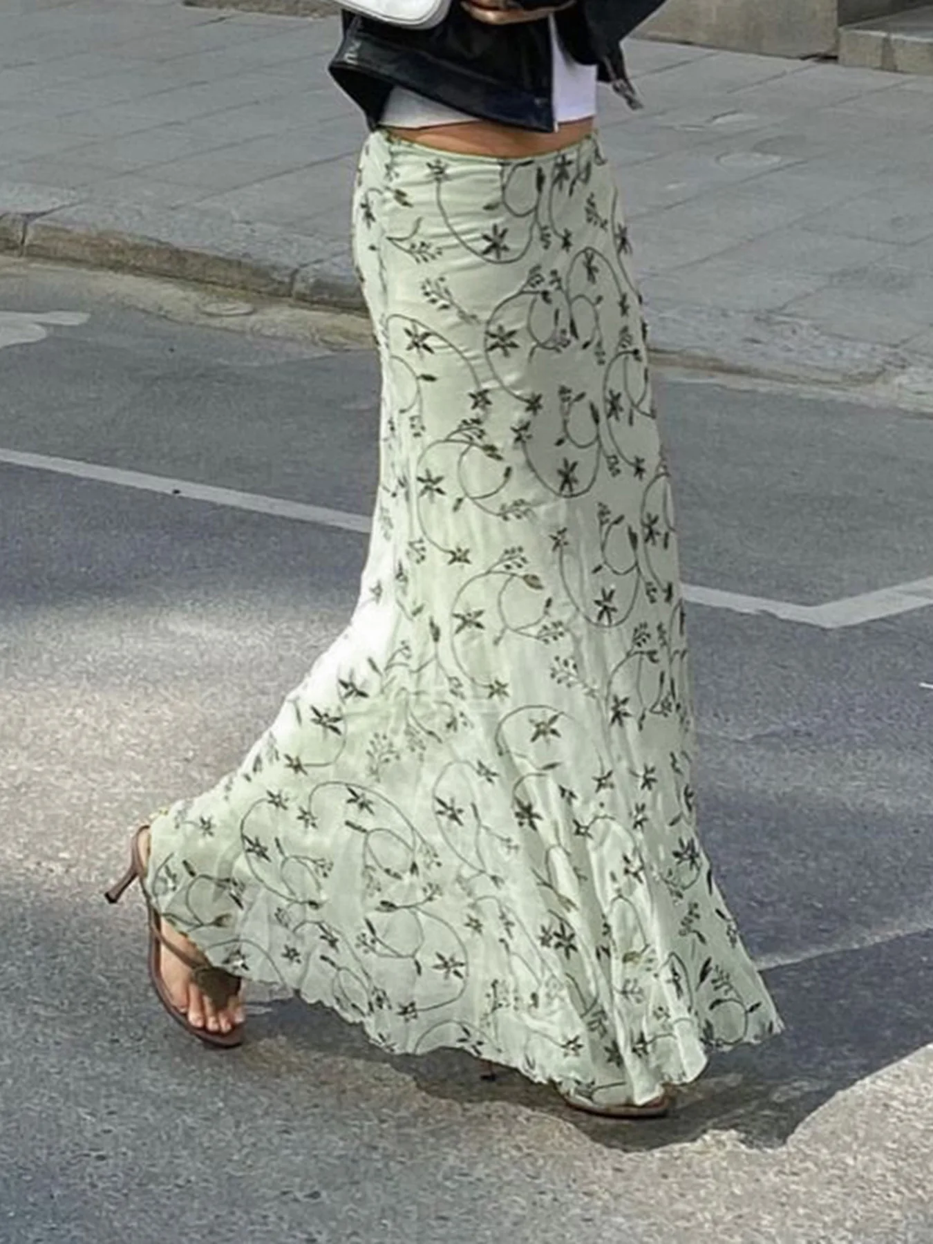 

Vintage Fishtail Skirt Floral Netting Striped Print Street Style Sexy Girl Skirt for Women 90s Bodycon Maxi Skirt Streetwear