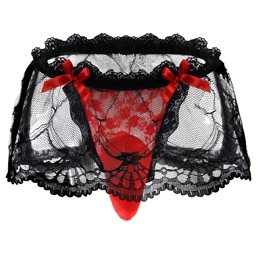 High Waist Sissy Gay Thong G-string Sexy Men Underwear Panties With Transparent Lace Skirt 1188