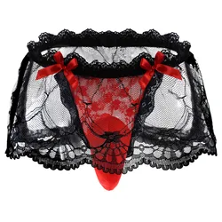 High Waist Sissy Gay Thong G-string Sexy Men Underwear Panties With Transparent  Lace Skirt 1188