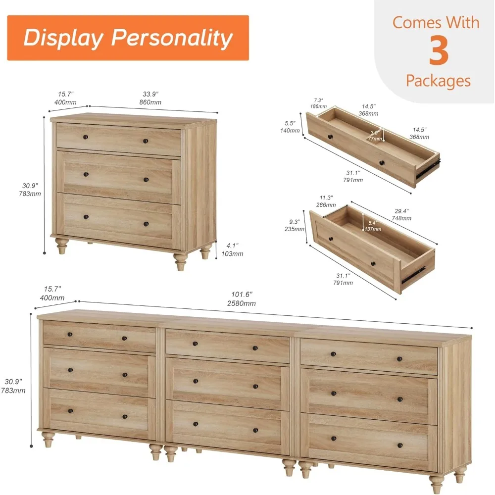 Dresser for Bedroom with 9 Drawers, Oak Kids Dressers with Wide Chest of Drawers, Large Wood Dressers