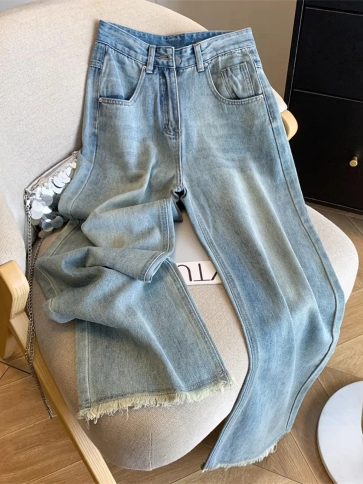 

Retro Hong Kong Sle Men's Jeans Distred Straight Leg Loose Casual Trousers Trendy Brand Autumn New Arrival