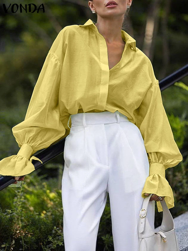 

Плюс размер 5XL VONDA 2025 Элегантные женские офисные женские рубашки OL Блузка с длинным рукавом Повседневные однотонные топы Осенние пуговицы Модные блузки