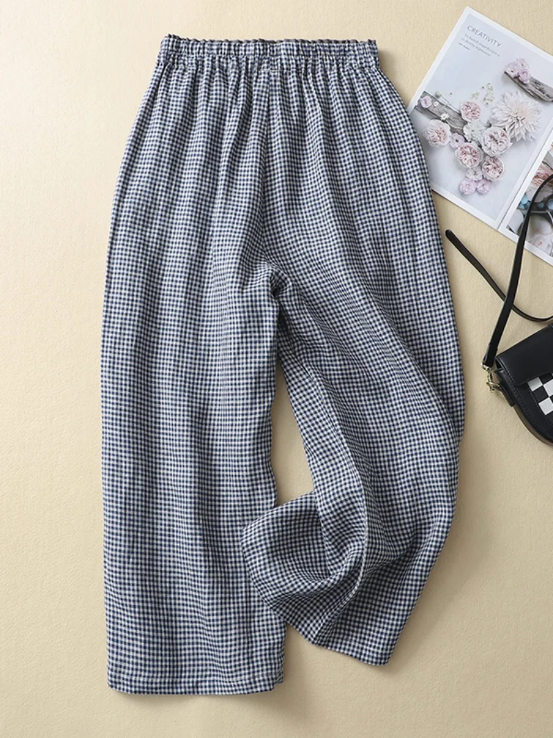 Casual algodão linho calças de perna larga cintura alta nove pontos cintura solta padrão xadrez marca feminina faion calças verão