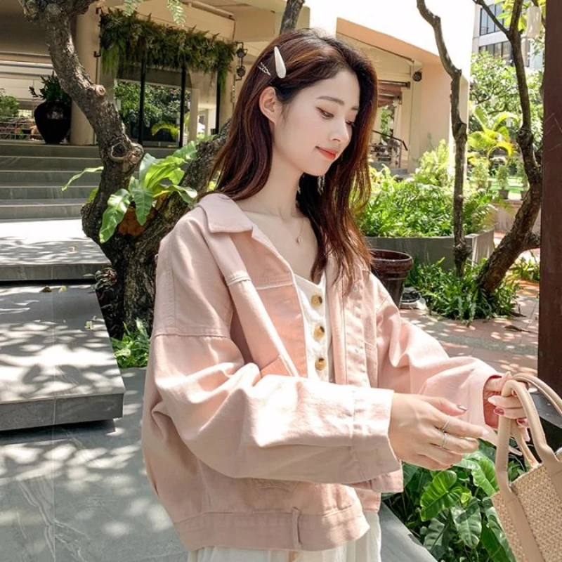 Autumn New Pink Denim Jacket Women's 2024 Korean Style Student Large Size Loose Long Sleeve Slim Western Style Top