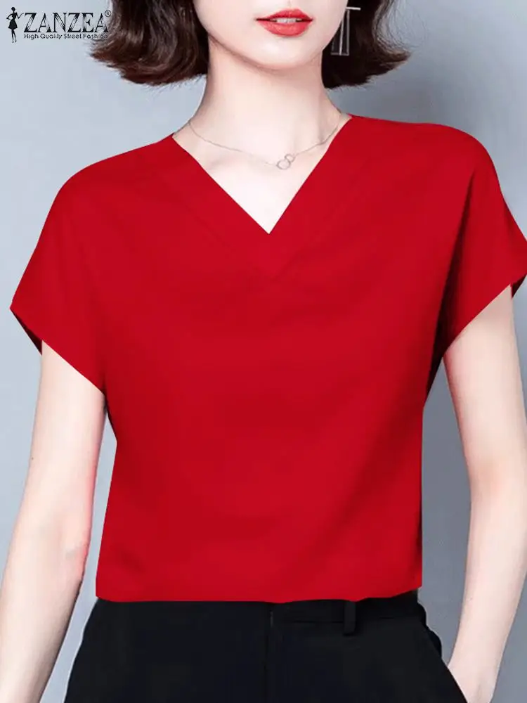 ZANZEA Summer Elegant Short Sleeve Tunic Tops Office Satin Shirt Women Fashion OL Work Blouse Solid Casual V Neck Blusas Mujer