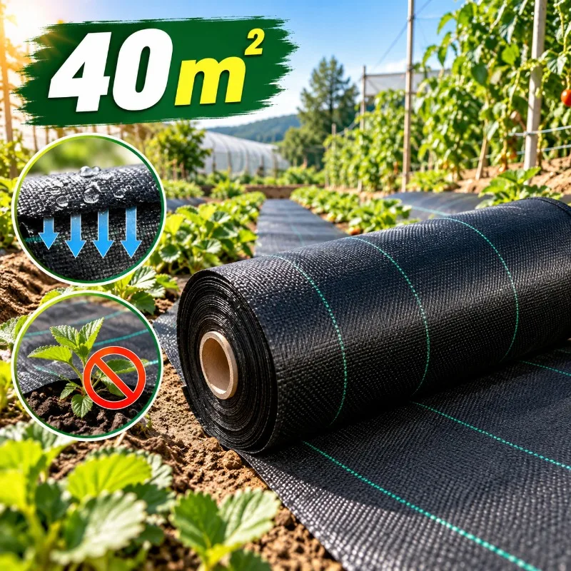40sqm PE Weed Barrier Fabric, 75gsm Black Landscape Cloth, Permeable Weed Control Mat for Garden/Orchard/Greenhouse Ground Cover