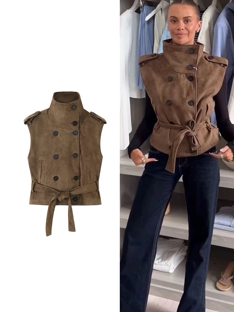 TFMLN Damen Vintage Weste Herbst Neue Doppelreihige Gürtel-Cropped-Gilet Mode Damen Kunstwildleder Street Casual Weste