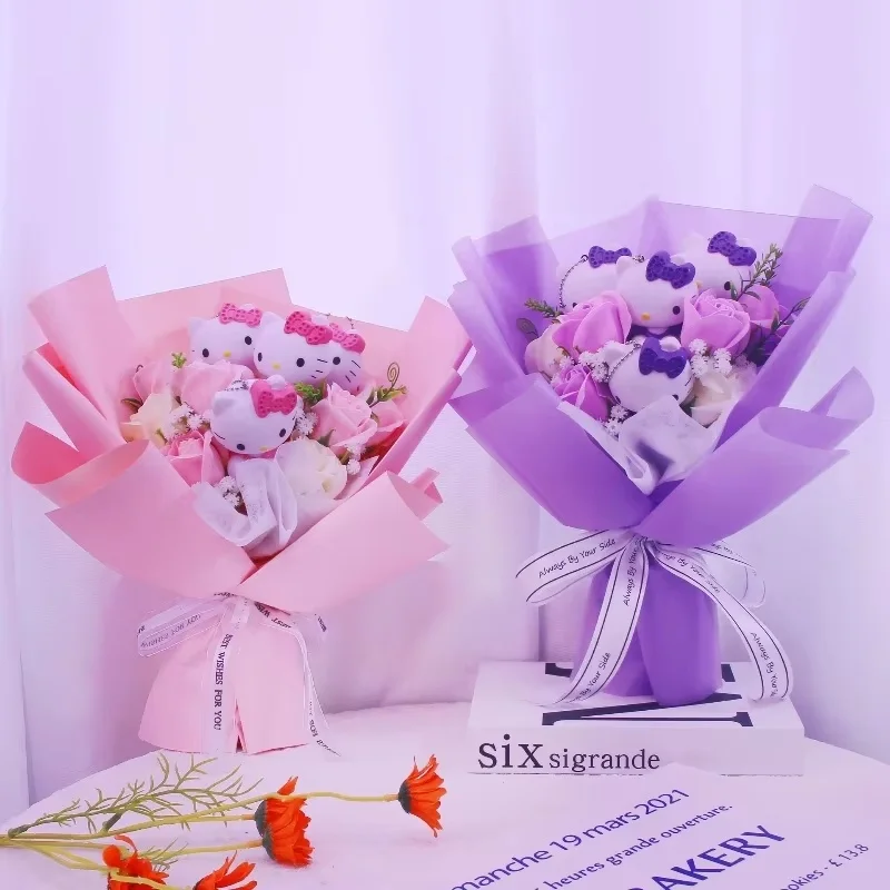 

Hello Kitty Cartoon Plush Bouquet Anime Rose Soap Flowers Doll Home Wedding Decoration Christmas Valentine's Day Birthday Gift