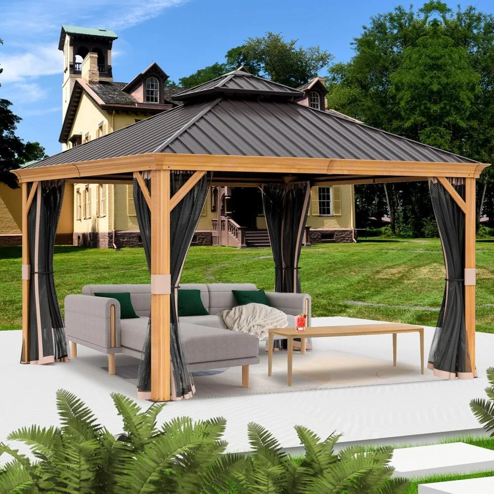 

12’x12’ Hardtop Gazebo, Wooden Coated Aluminum Frame Canopy with Galvanized Steel Double Roof, Outdoor Permanent Metal Pavilion