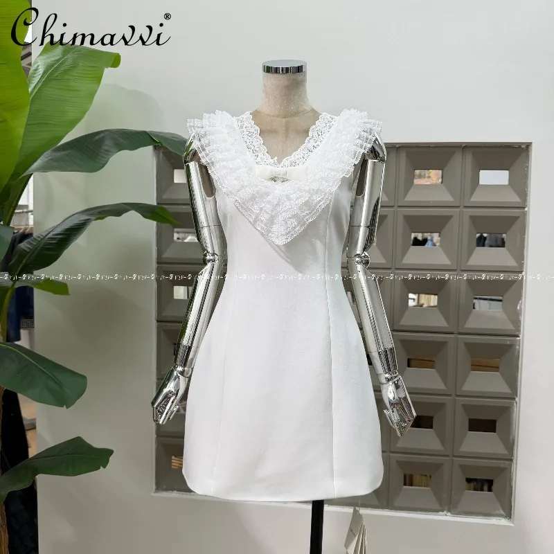 

2026 Spring and Summer New Sweet Bow Lace V-Neck Sleeveless White Dress Fashion Slim Fit Elegant Party Short Dresses Women