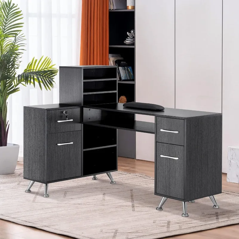 Black L-shaped makeup nail table with drawer storage salon corner, multifunctional beauty salon nail table